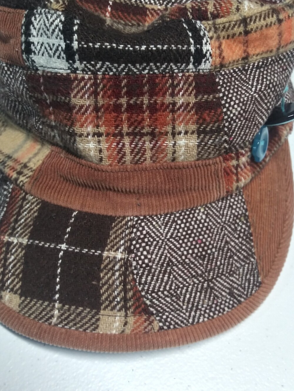 MUDD Vintage Y2K Brown Plaid Patchwork Cap with Blue Button Paperboy Hat - Picture 2 of 12